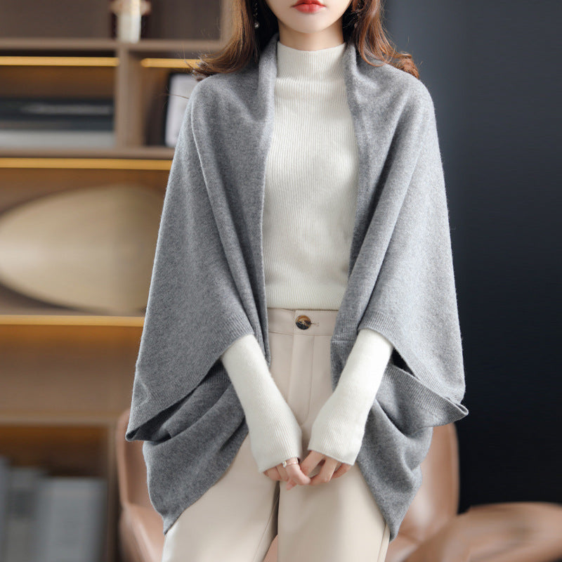 Draped Wool Shawl Cardigan in Heather Gray — on model