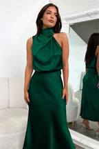 Satin Halter Midi Dress — on model