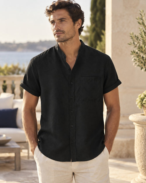 Band-Collar Pocket Shirt in Black — on model