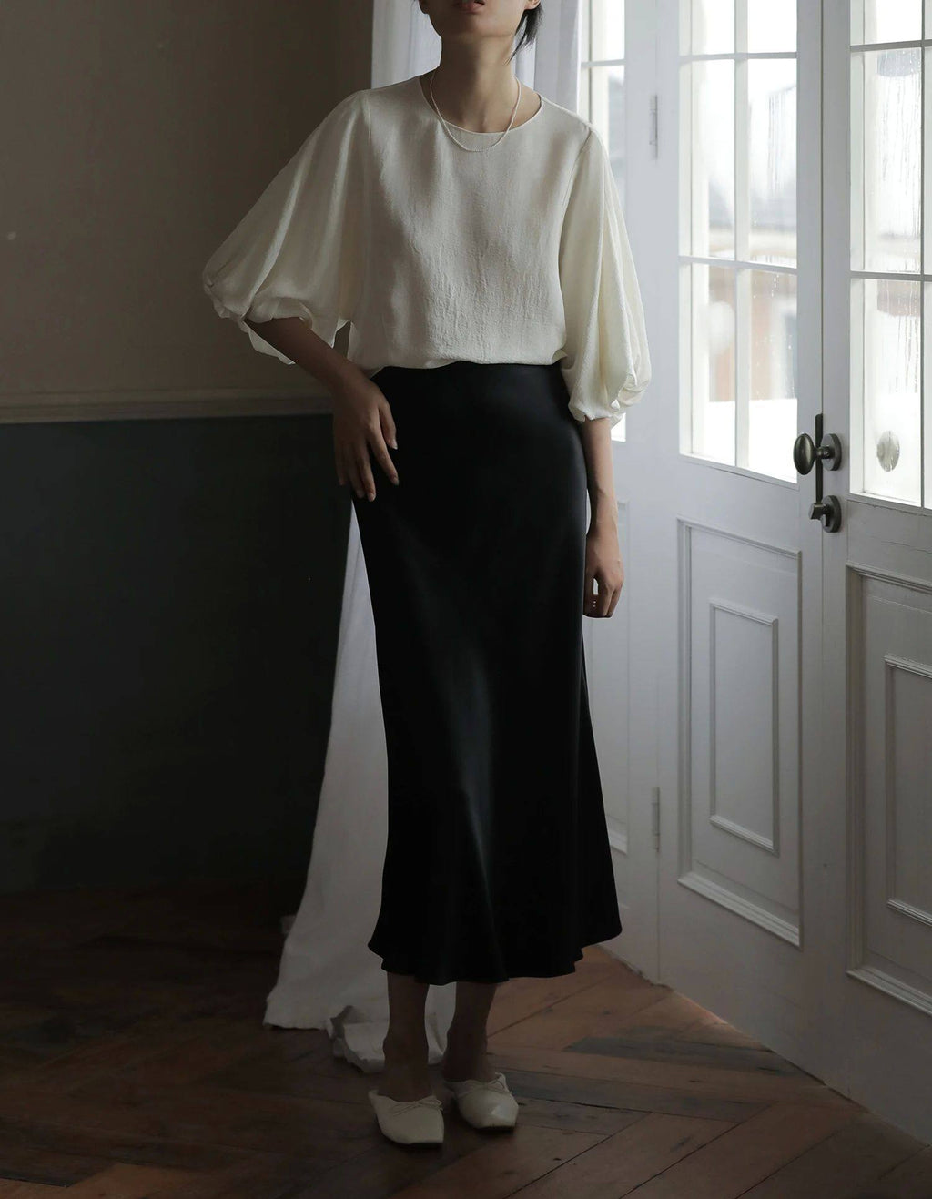 Satin Midi Slip Skirt — on model