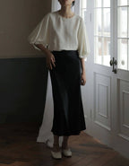 Satin Midi Slip Skirt — on model