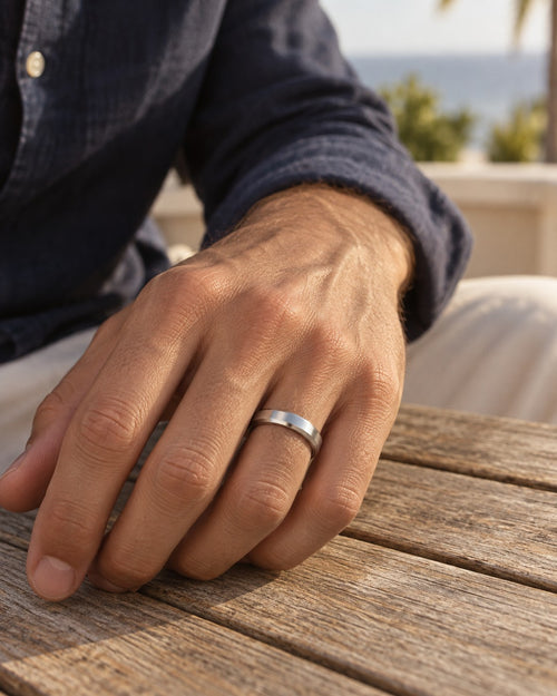 Beveled Stainless Steel Ring in Silver — on hand