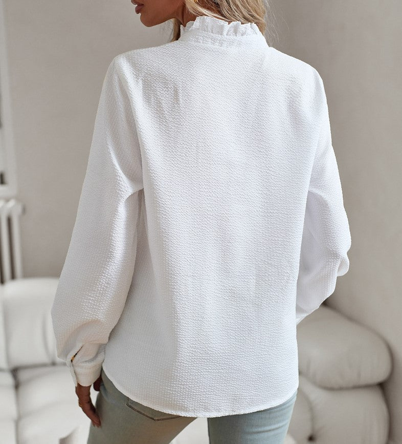 Ruffle-Placket Textured Blouse — back view