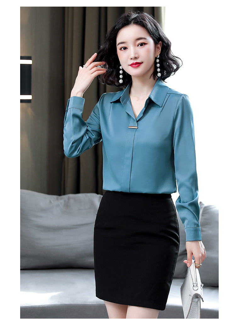 Bar-Accent Satin Blouse — on model