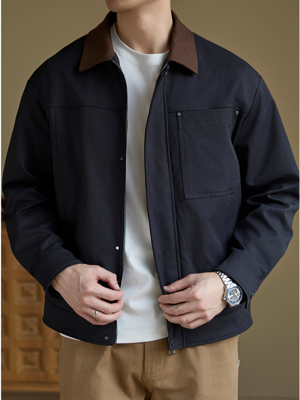 Contrast-Collar Chore Jacket