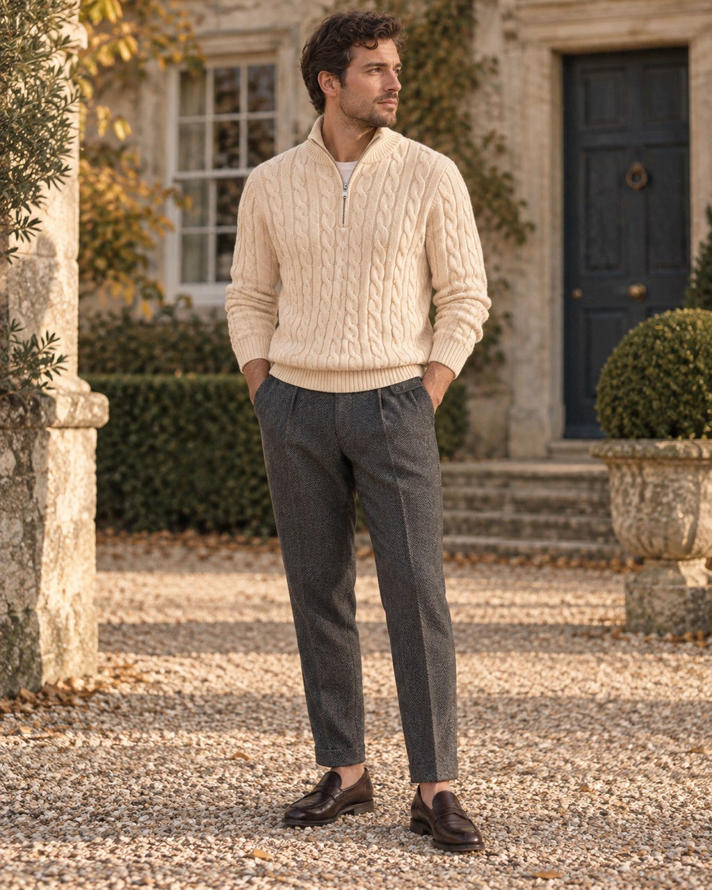 Man wearing the Cable-Knit Country Outfit: cream cotton cable-knit half-zip sweater and charcoal herringbone side-tab trousers