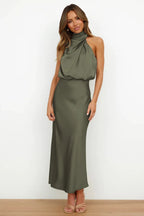 Satin Halter Midi Dress — on model