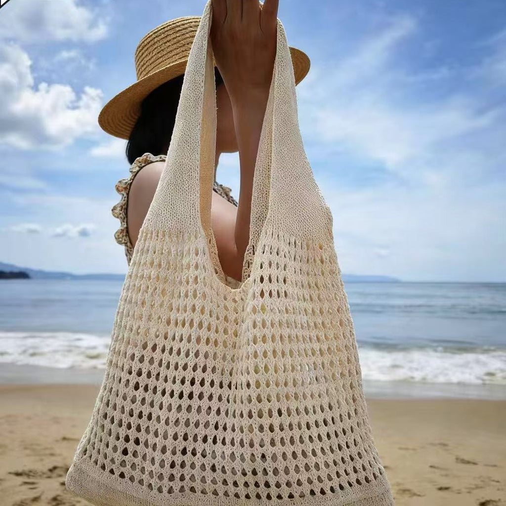 Openwork Knit Beach Tote in Beige — on model
