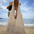 Openwork Knit Beach Tote in Beige — on model