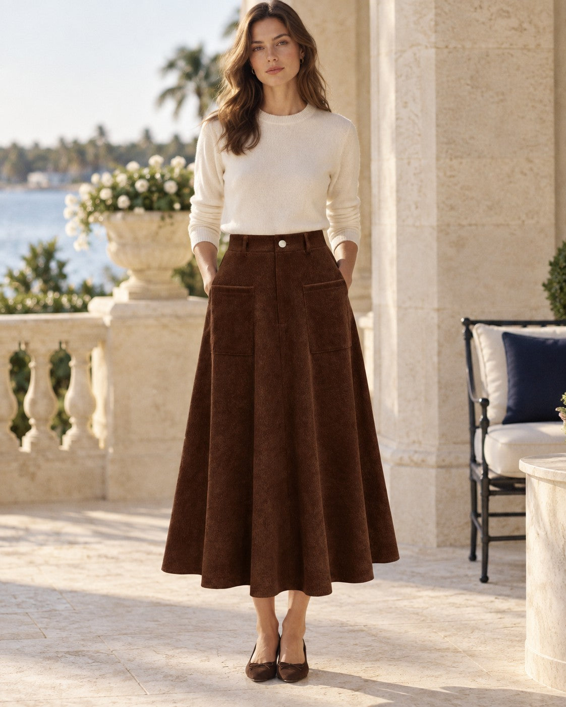Corduroy A-Line Skirt in Brown — on model