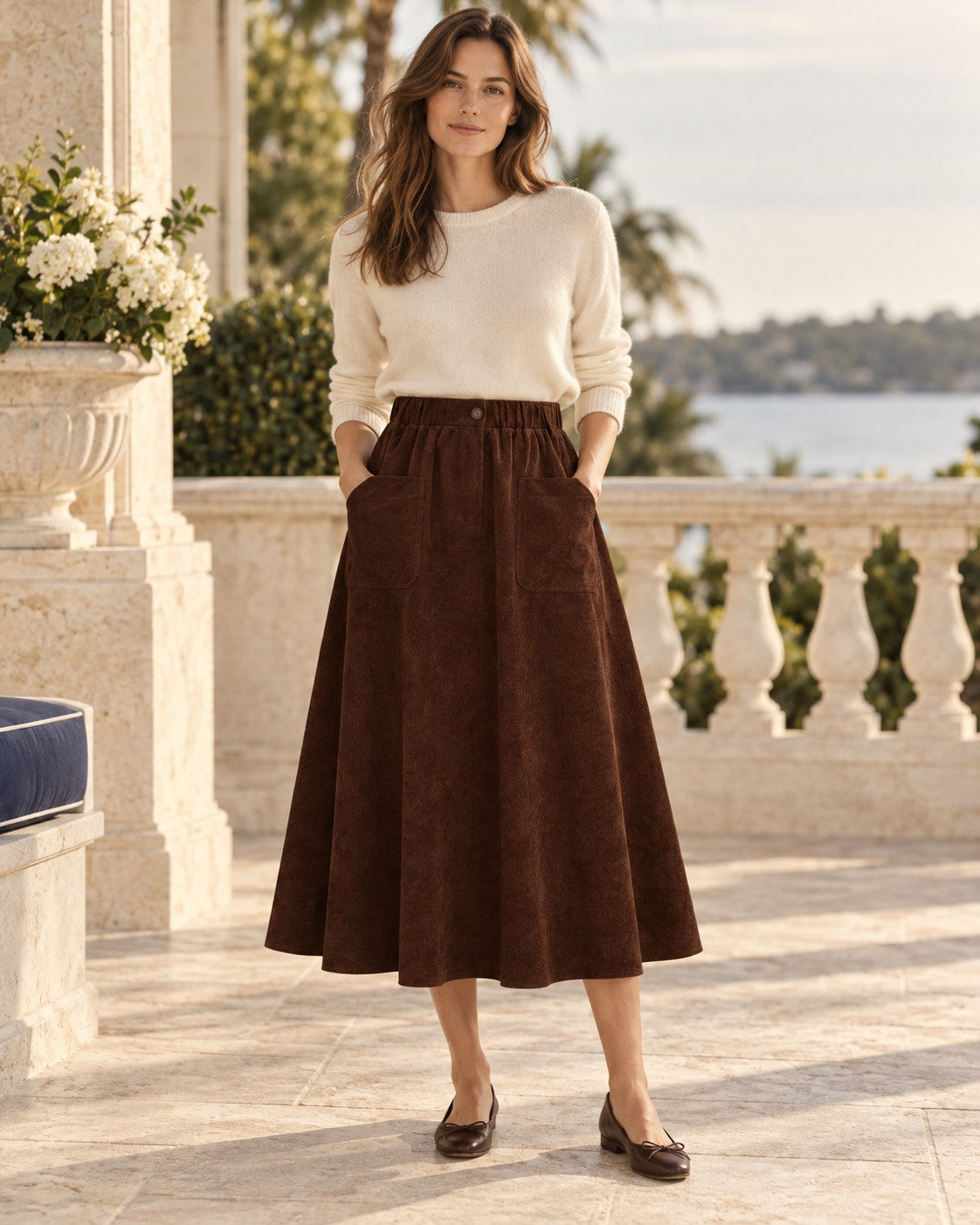 Corduroy A-Line Skirt in Brown — on model