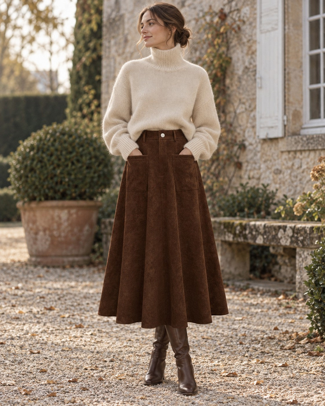 Woman wearing the Country Turtleneck Outfit: cream chunky turtleneck sweater and brown corduroy A-line skirt