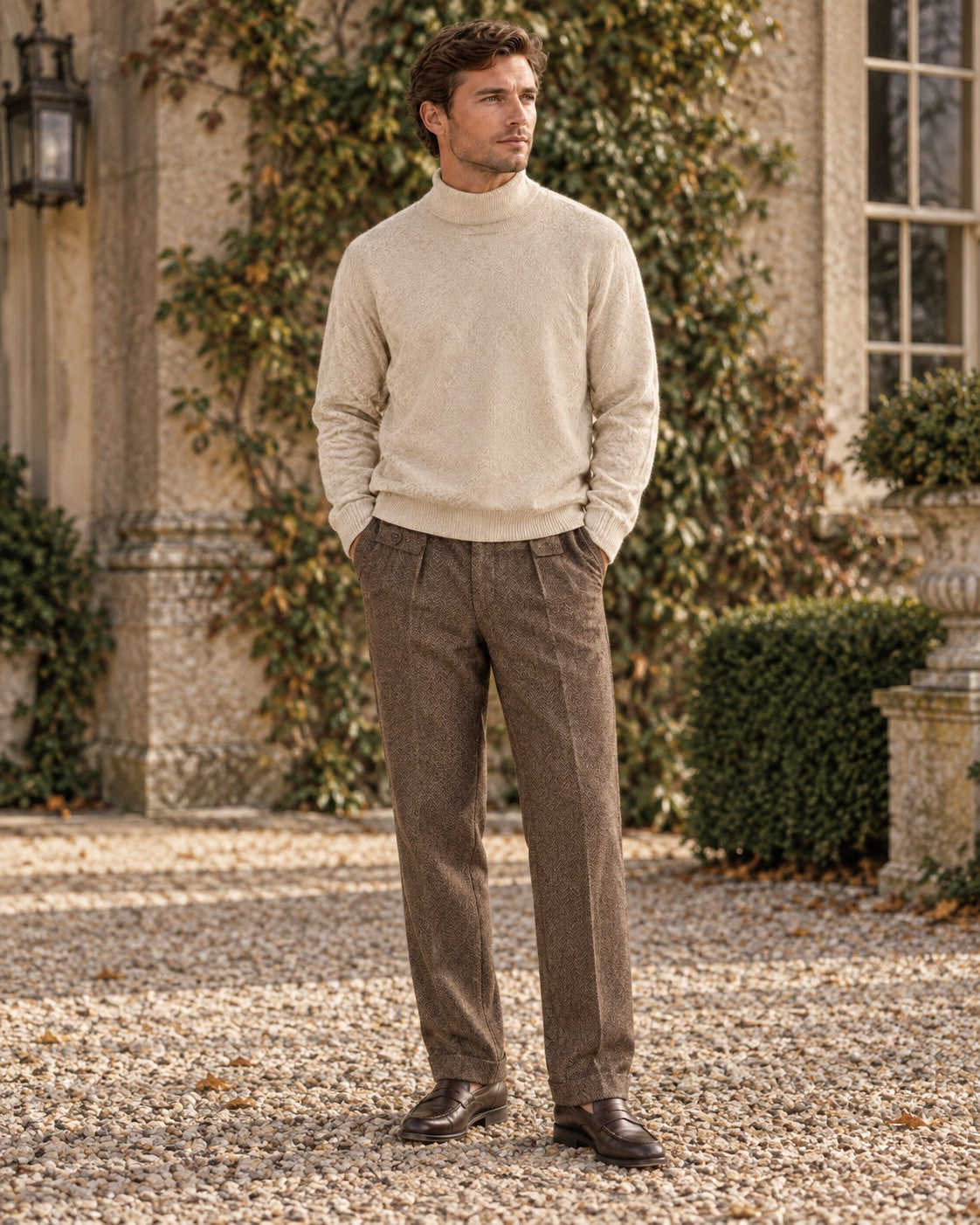 Man wearing the Country Weekend Wool Outfit: cream wool mock-neck sweater and brown herringbone side-tab trousers