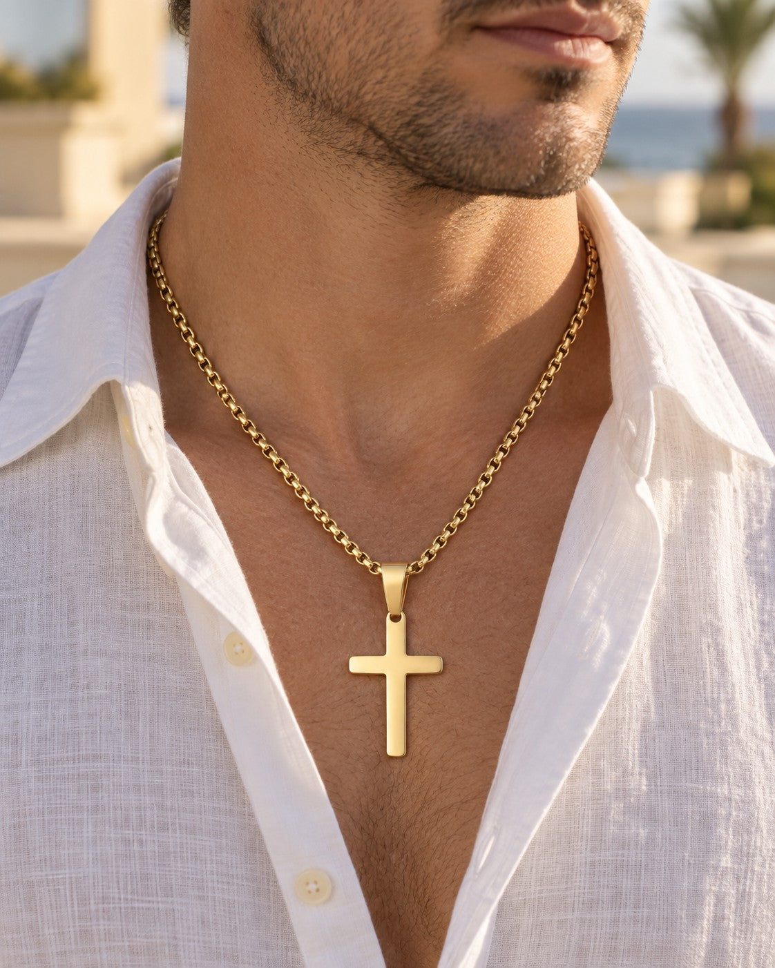 Cross Pendant Chain Necklace in Gold — on model