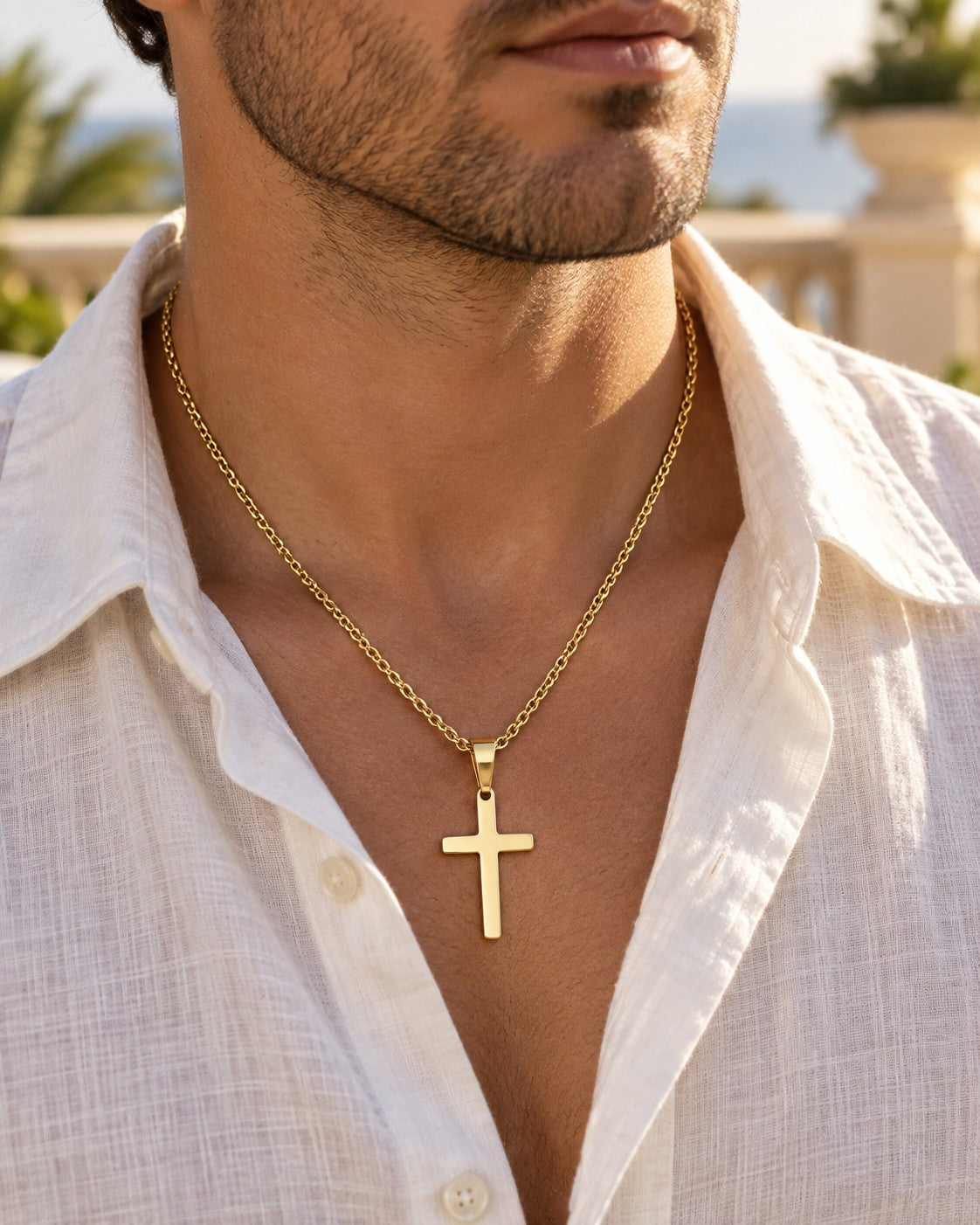 Cross Pendant Chain Necklace in Gold — on model