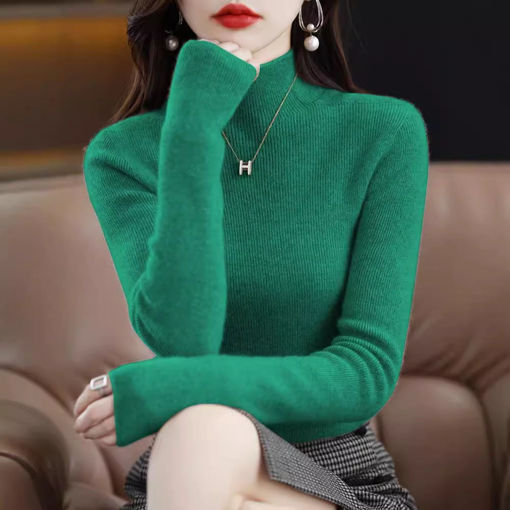 Seamless Half-Turtleneck Wool Sweater Women Slim-Fit Knitted Pullover