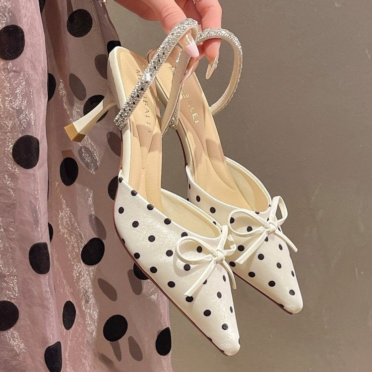 Polka-Dot Rhinestone-Strap Mules — detail