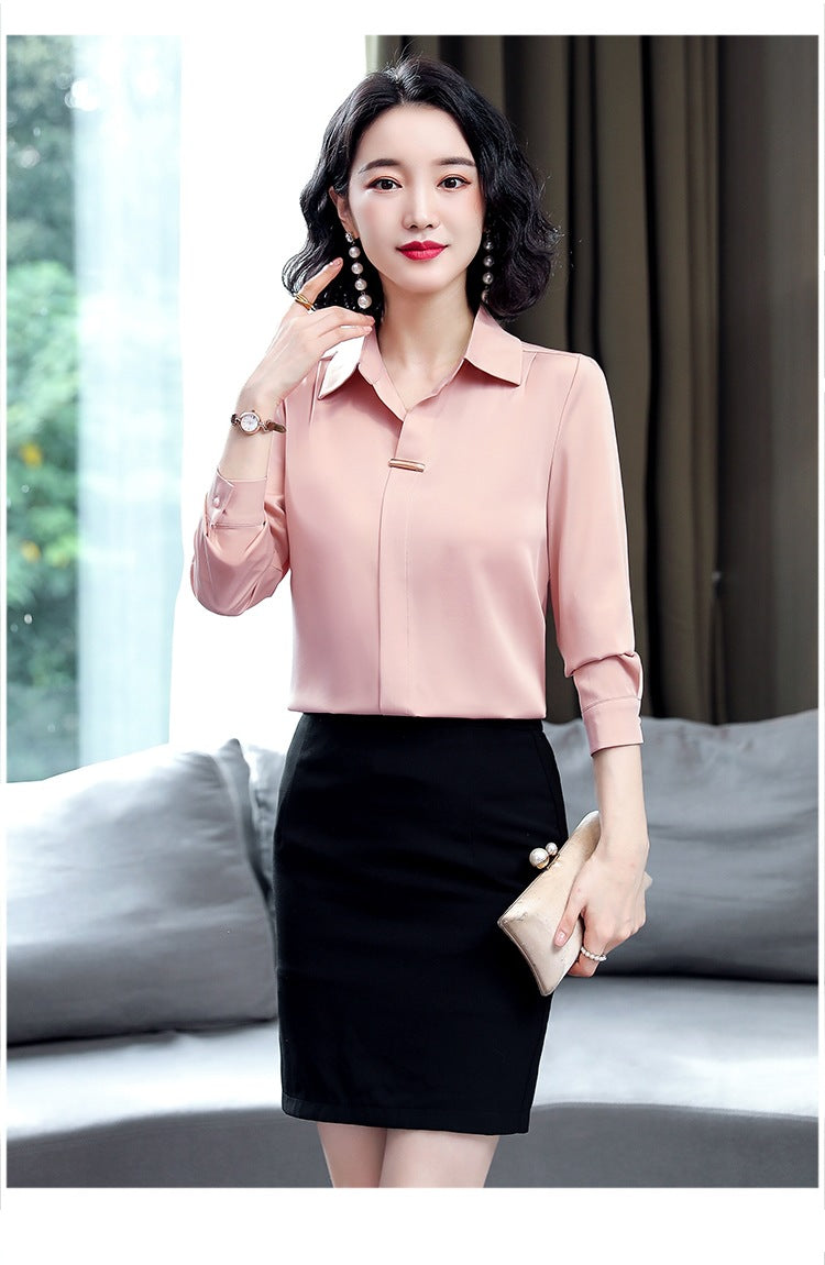 Bar-Accent Satin Blouse in Pink — on model