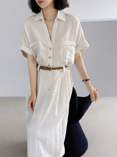 Belted Safari Maxi Dress in Cream — on model
