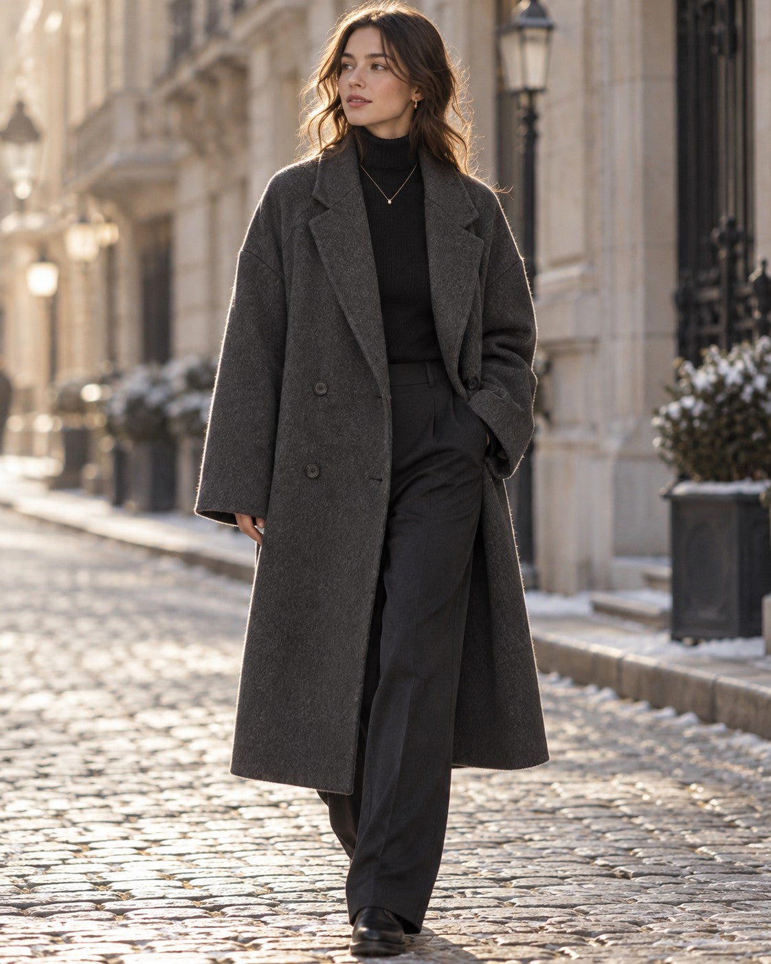 Double-Faced Wool Overcoat in Charcoal — on model