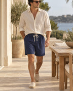 Drawstring Summer Shorts in Navy — on model