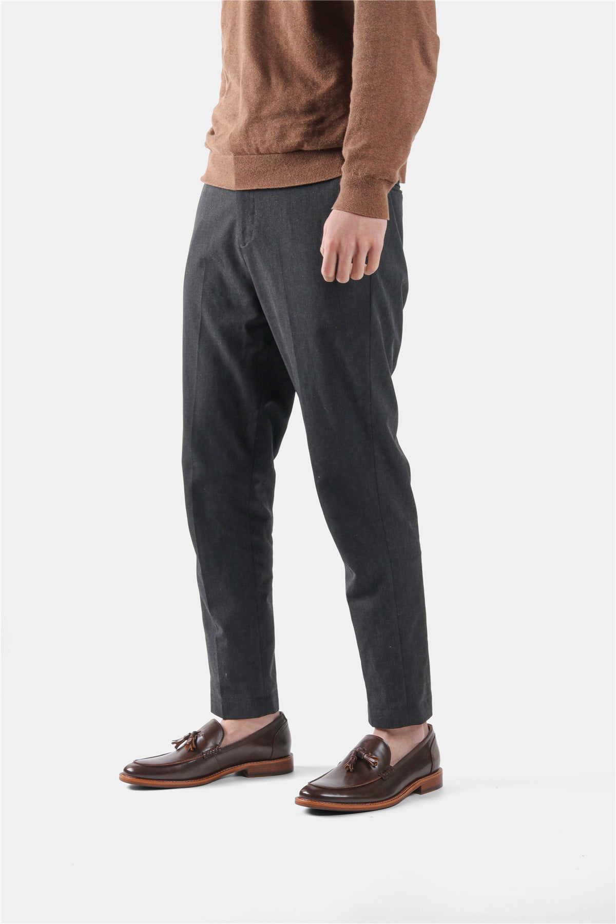 Burnished Tassel Loafers in Brown — on model