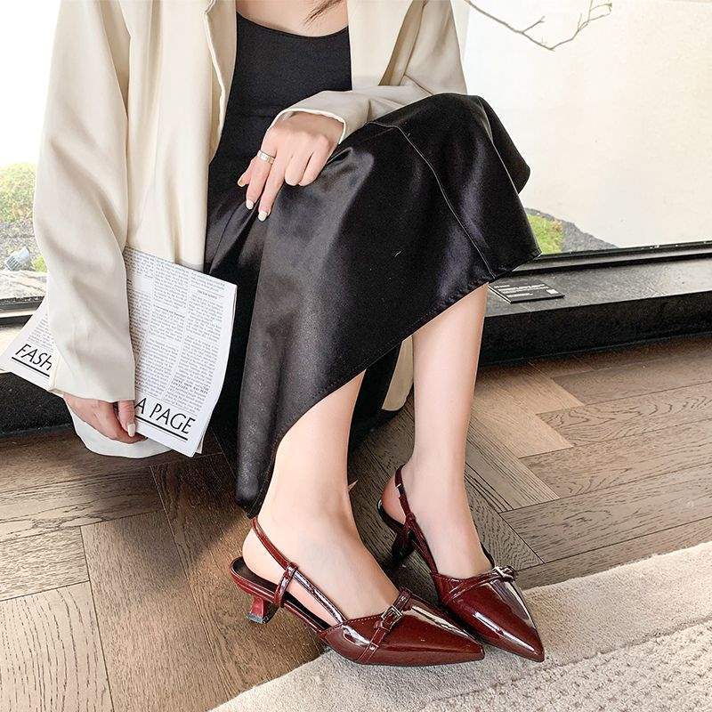 Buckle-Strap Slingback Kitten Heels in Burgundy — on model