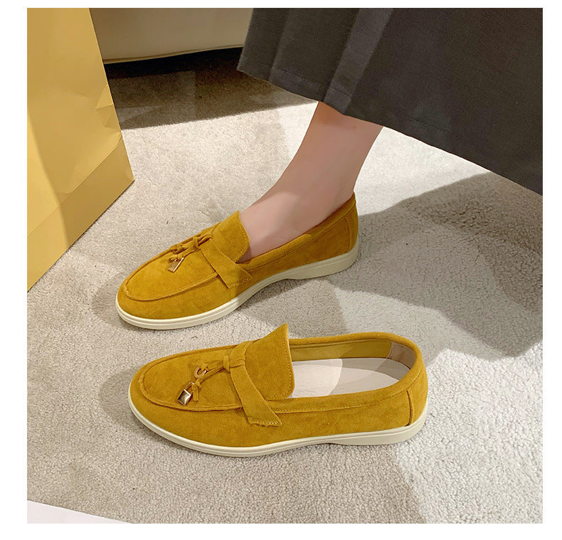 Charm-Tassel Suede Loafers in Tobacco — on model