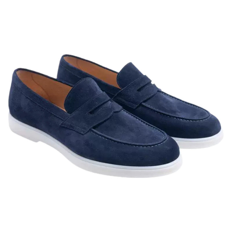 White-Sole Suede Penny Loafers — still life