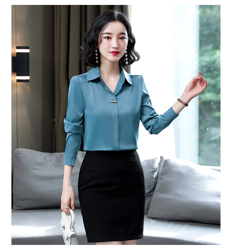 Bar-Accent Satin Blouse — on model