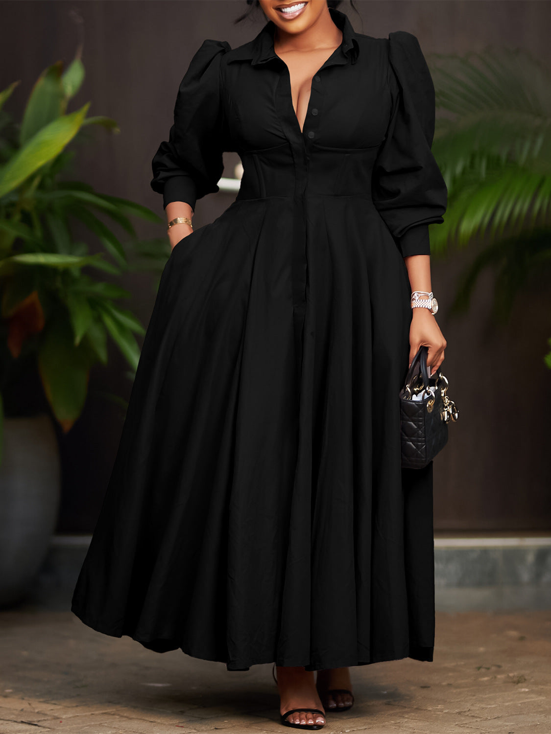 Puff-Sleeve Shirt Dress