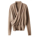 Wrap-Front Wool Sweater in Taupe — flat lay
