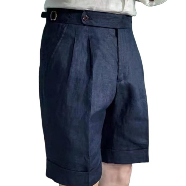 Pleated Linen Side-Tab Shorts