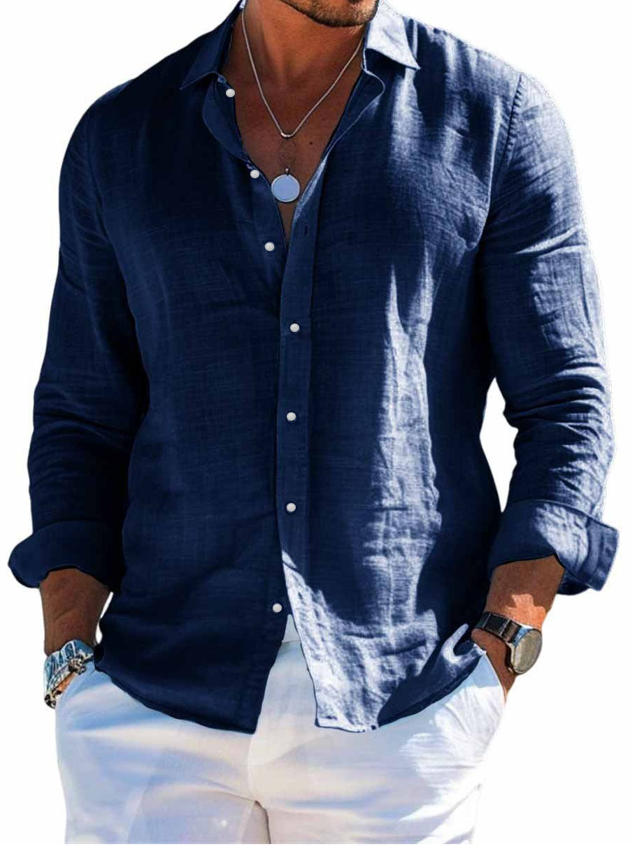 Textured Weave Shirt in Navy — on model