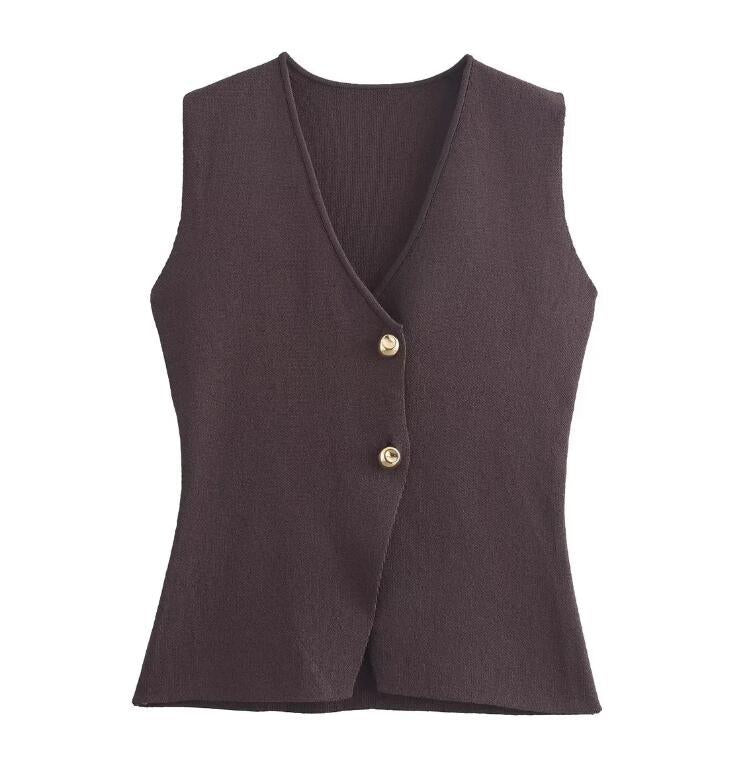 Two-Button Knit Vest in Taupe — still life