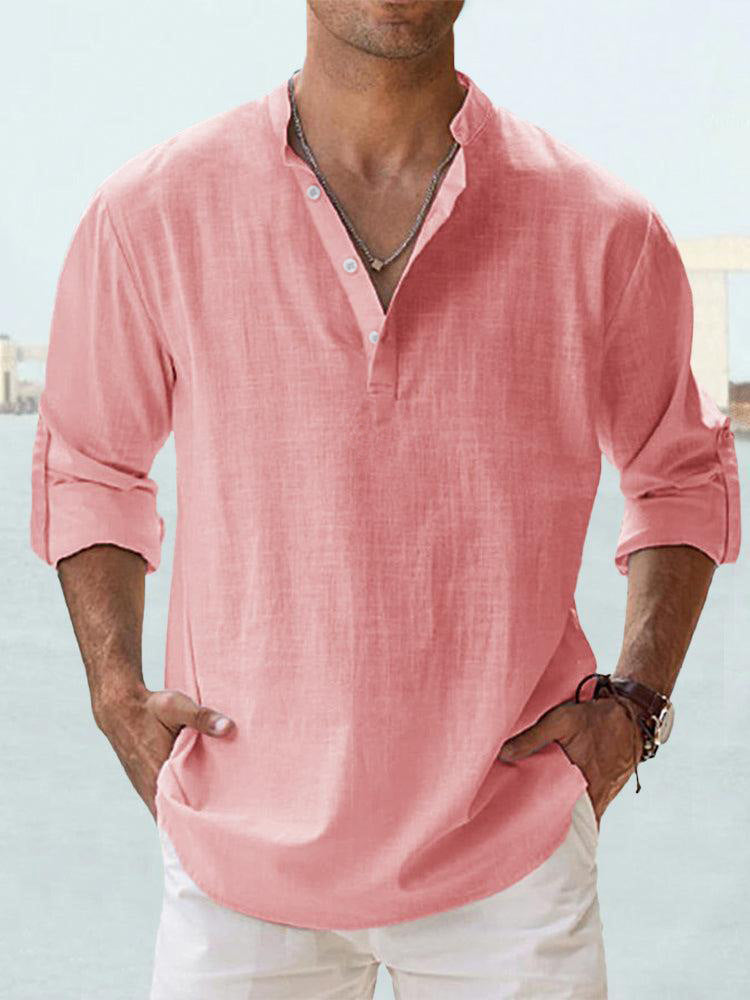 Cotton Band-Collar Popover Shirt