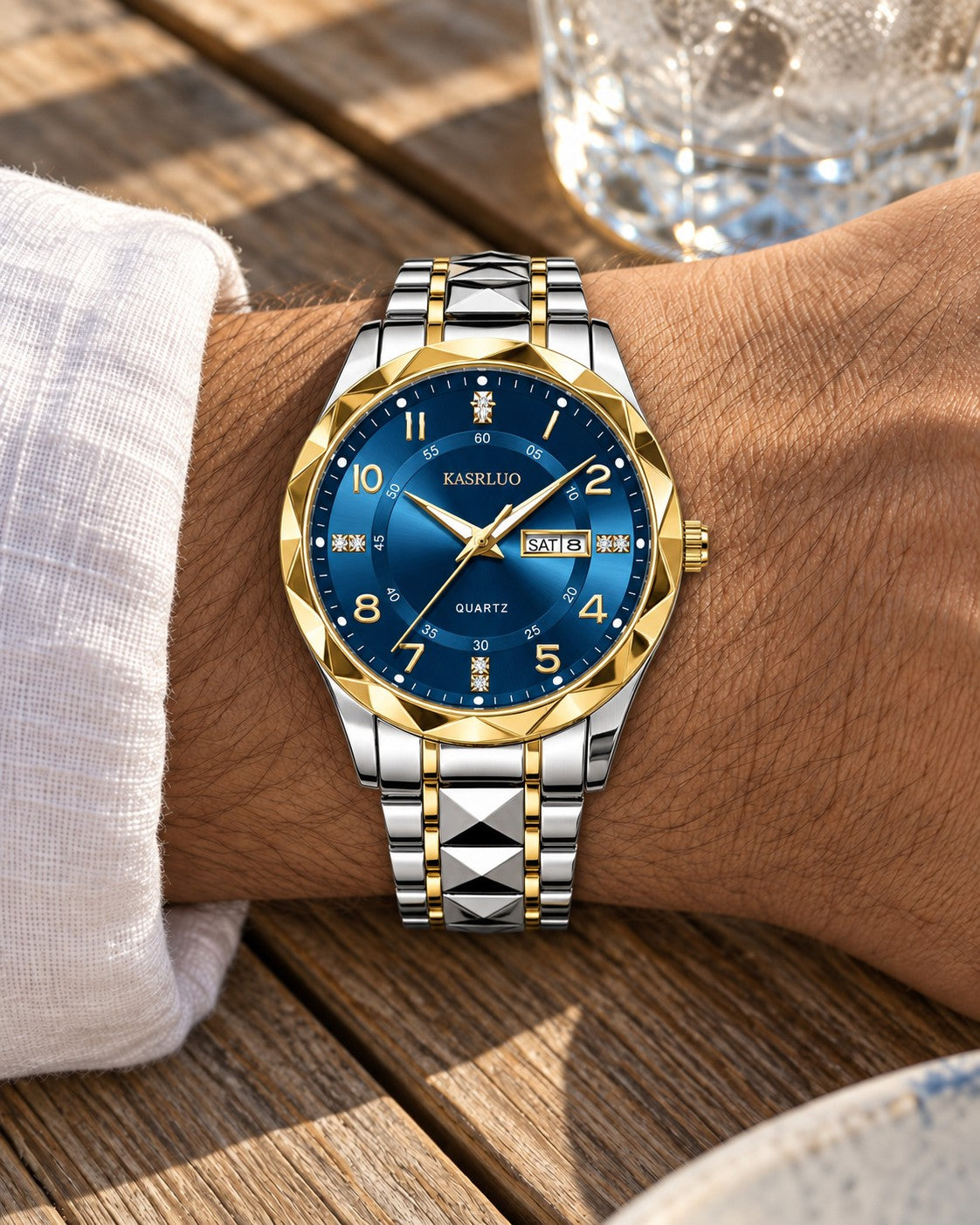 Faceted Bezel Day-Date Watch in Two-Tone/Blue — on the wrist
