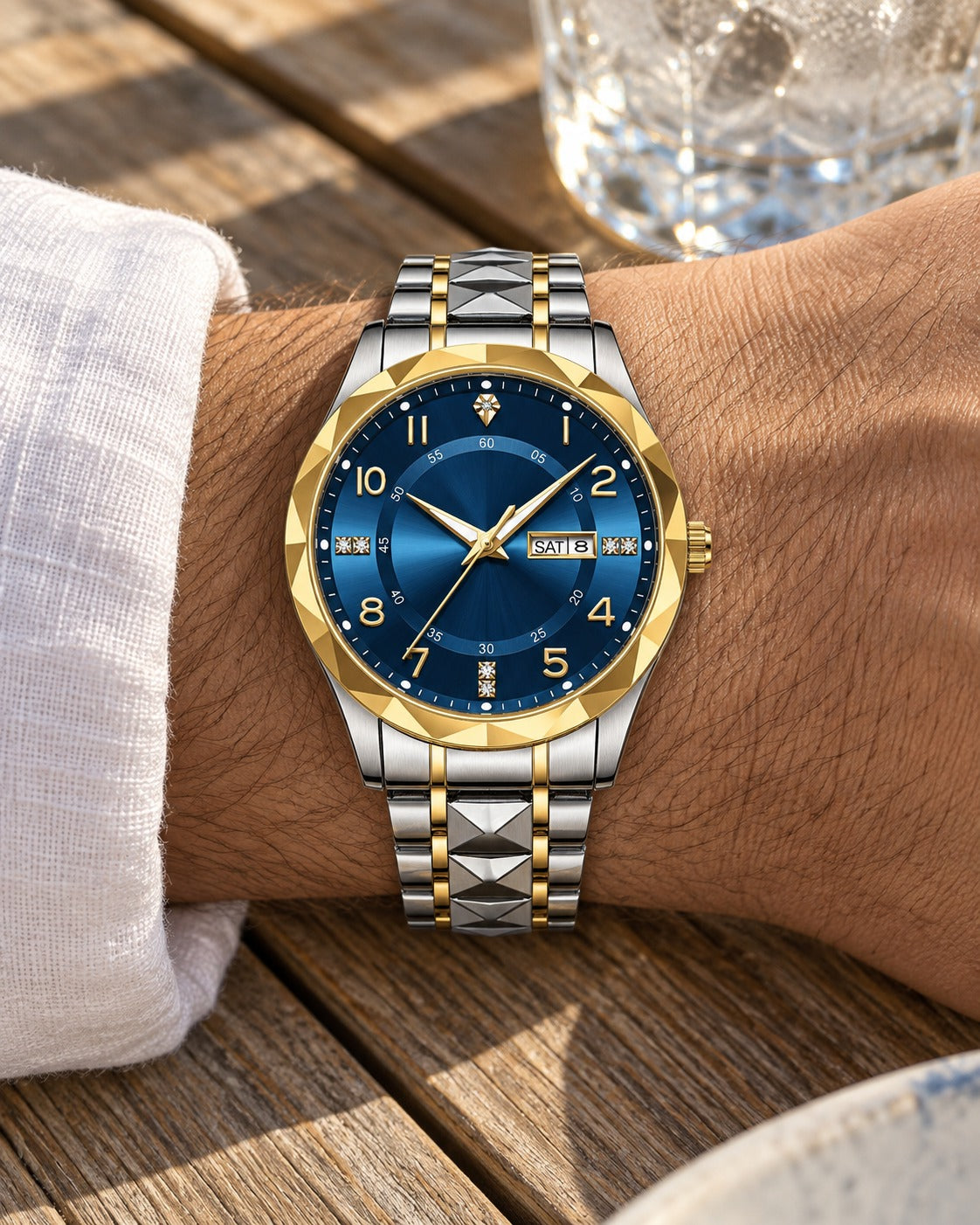 Faceted Bezel Day-Date Watch in Two-Tone/Blue — on the wrist