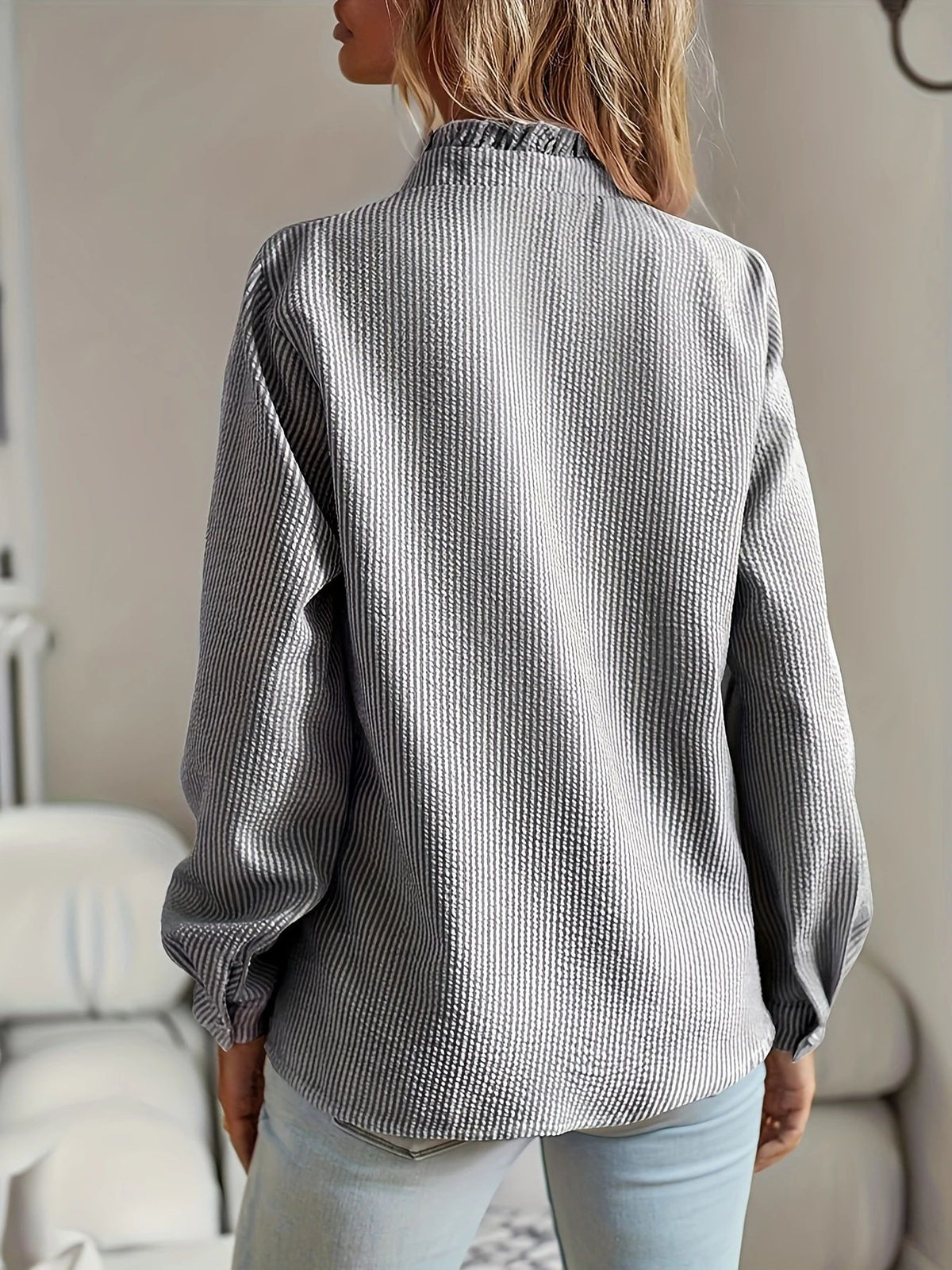 Ruffle-Placket Textured Blouse — back view