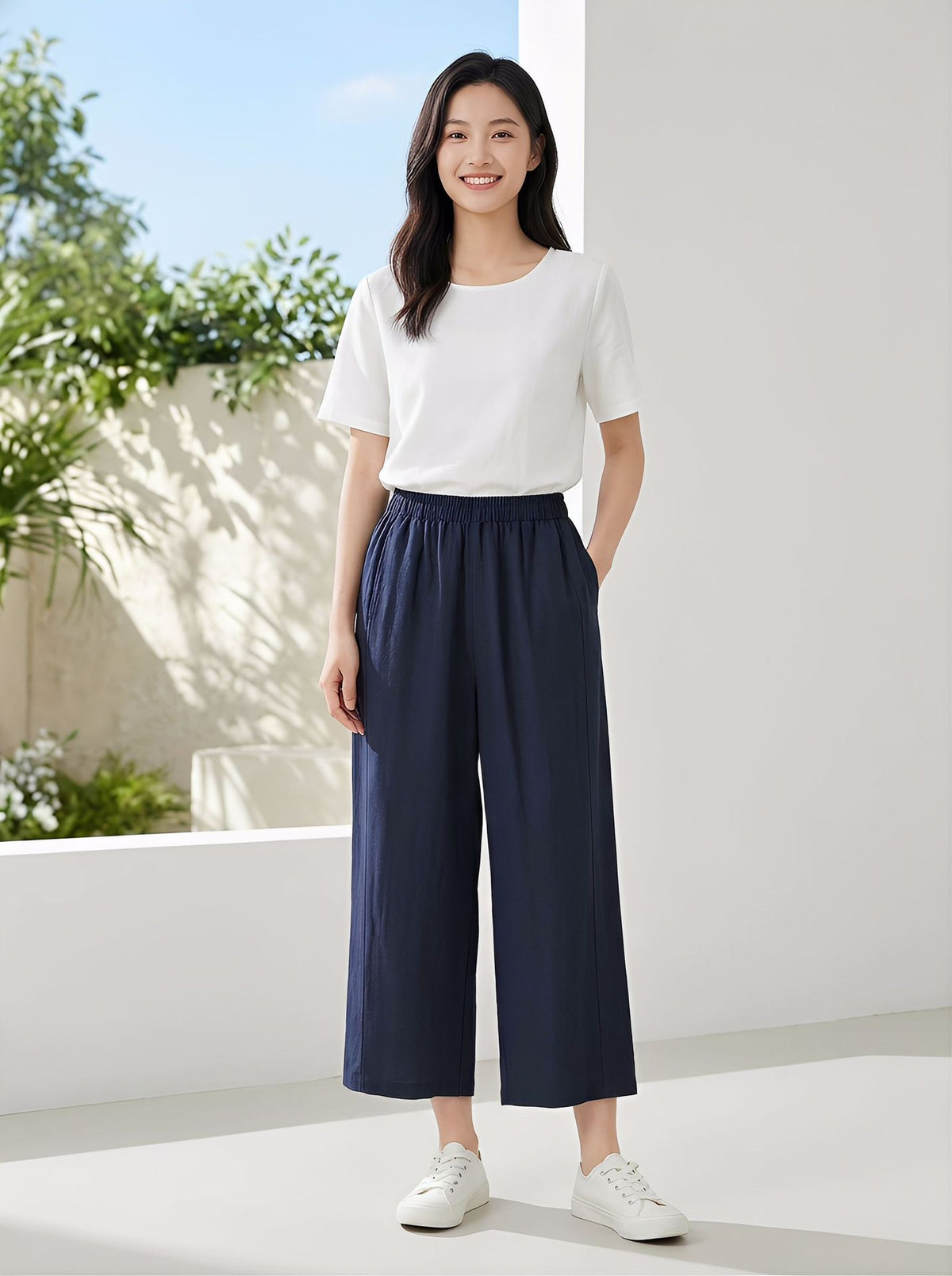 Lyocell-Linen Wide-Leg Trousers in Navy — on model