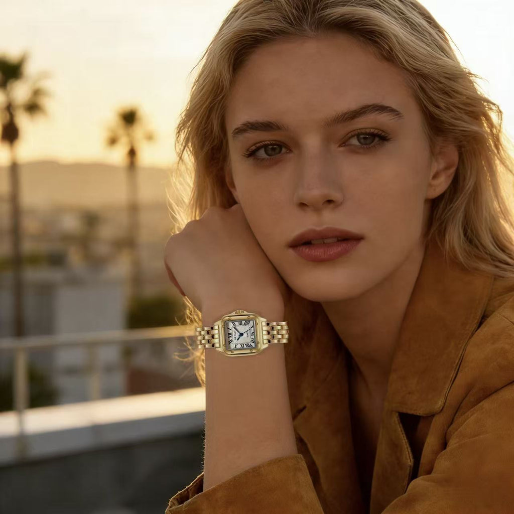 Square Roman Dial Watch in Gold/White — on wrist