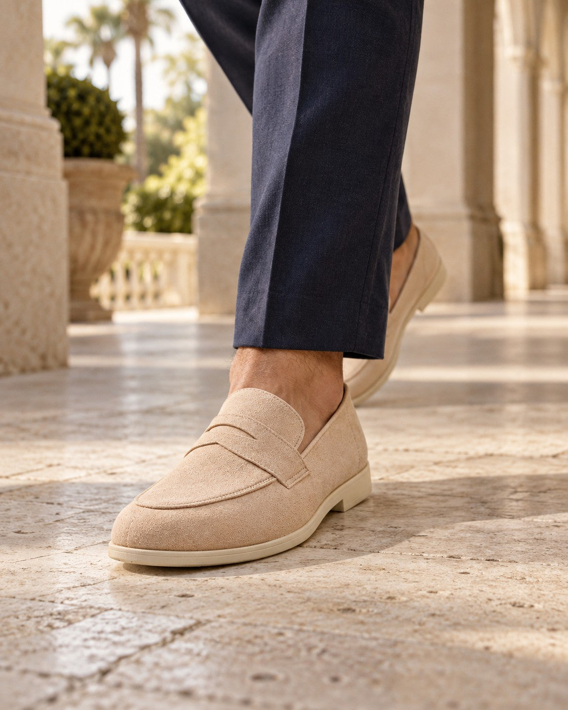 Flex-Sole Penny Loafers in Beige — on model