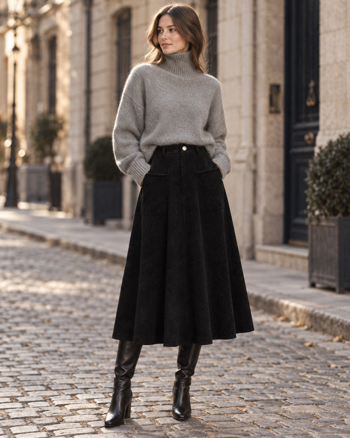 Woman wearing the Grey Turtleneck Skirt Outfit: heather grey chunky turtleneck sweater and black corduroy A-line skirt