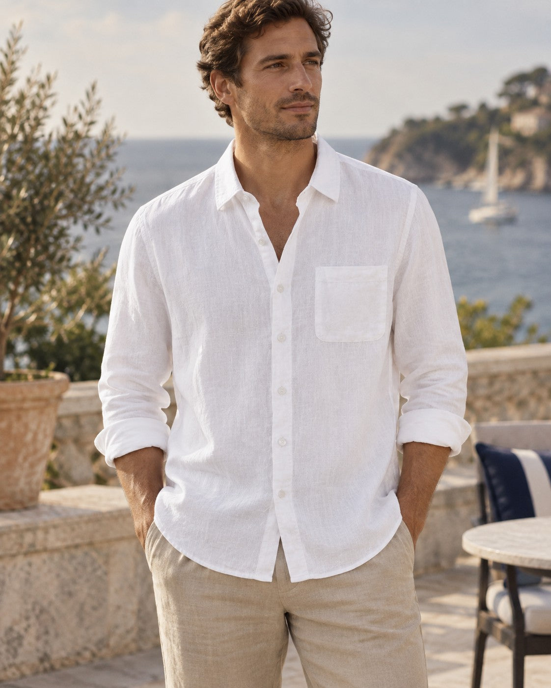 Linen Pocket Shirt in White — on model