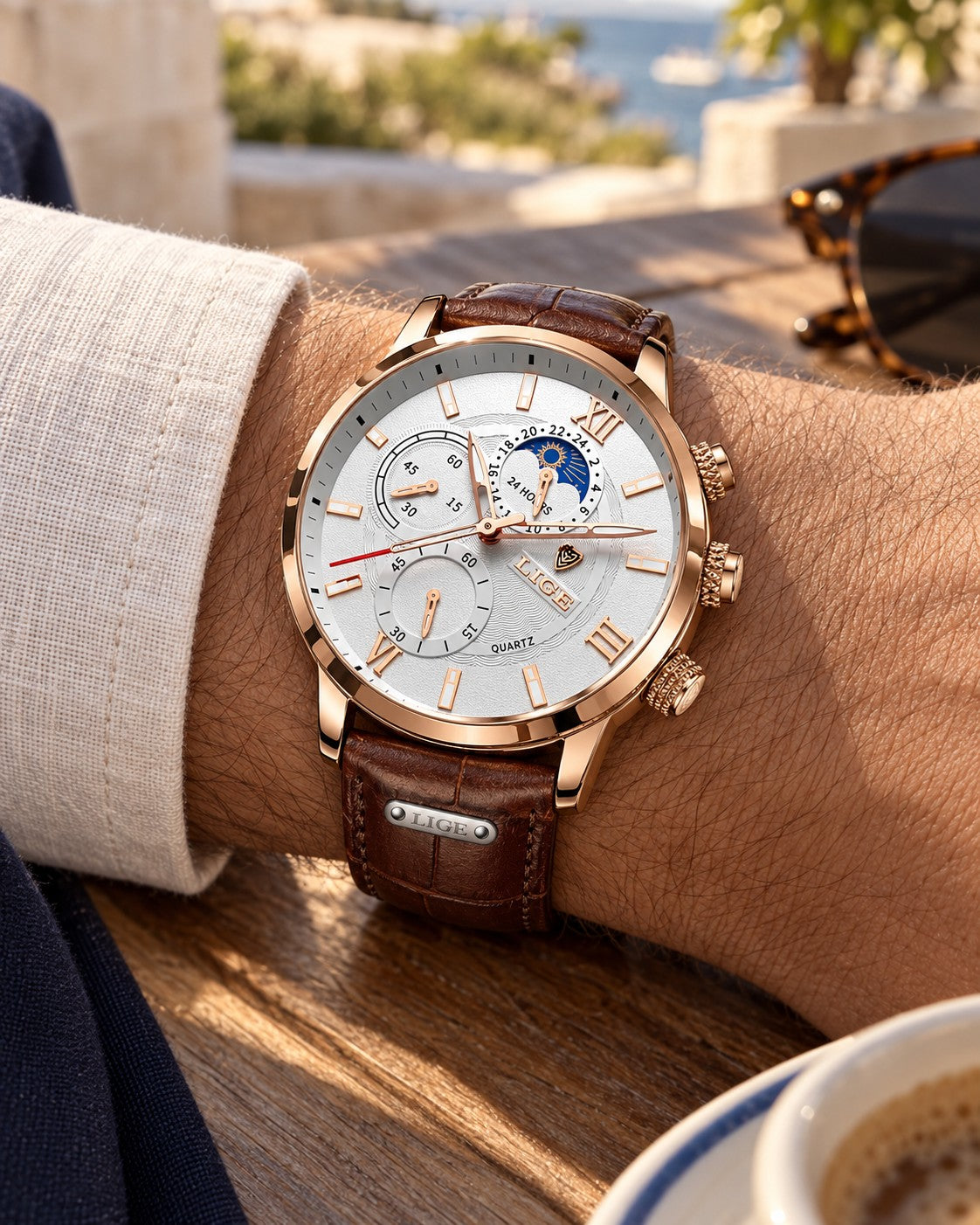 Moonphase Chronograph Watch in Rose Gold/White — on the wrist