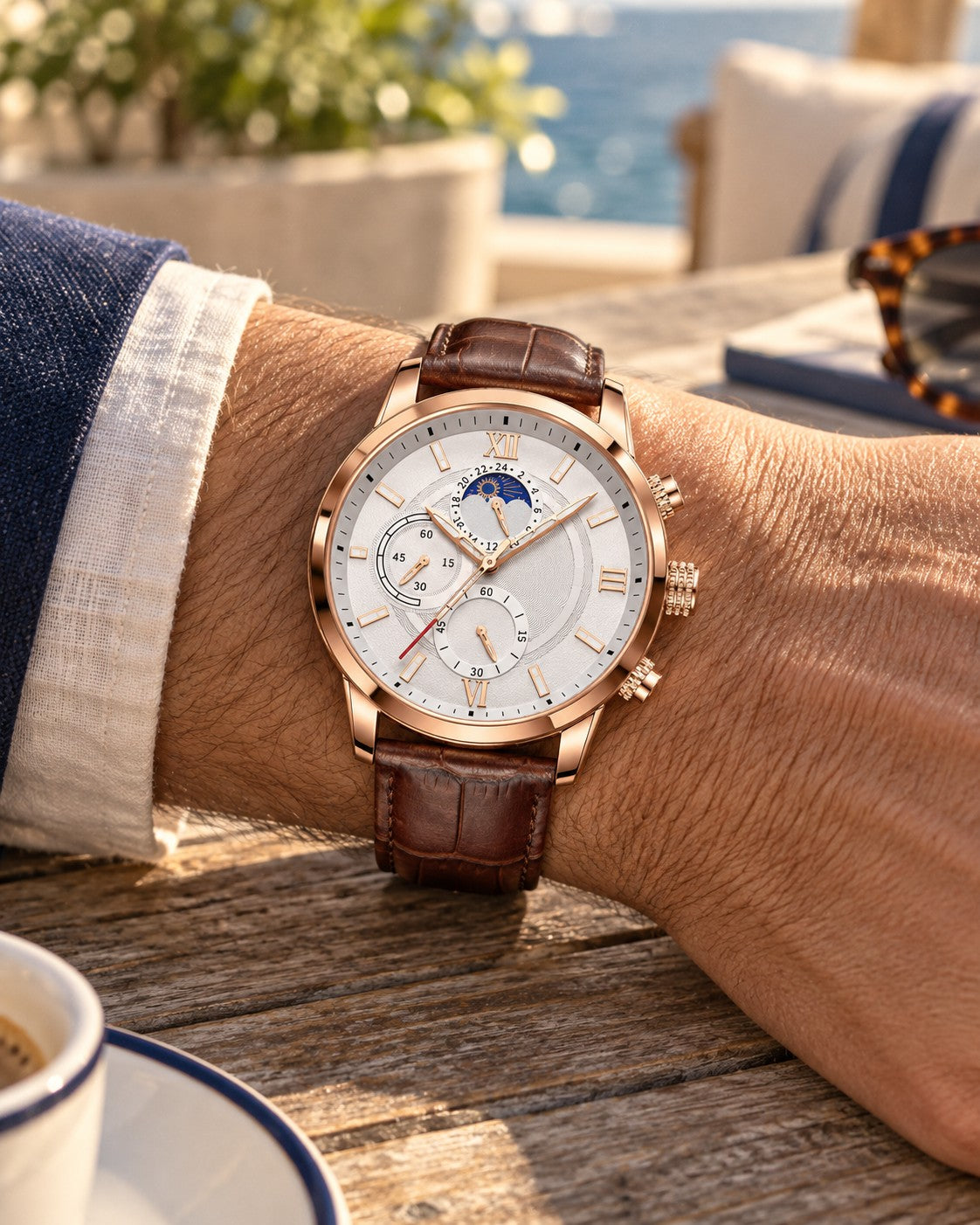 Moonphase Chronograph Watch in Rose Gold/White — on the wrist
