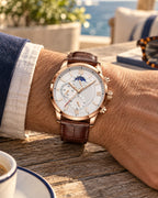 Moonphase Chronograph Watch in Rose Gold/White — on the wrist