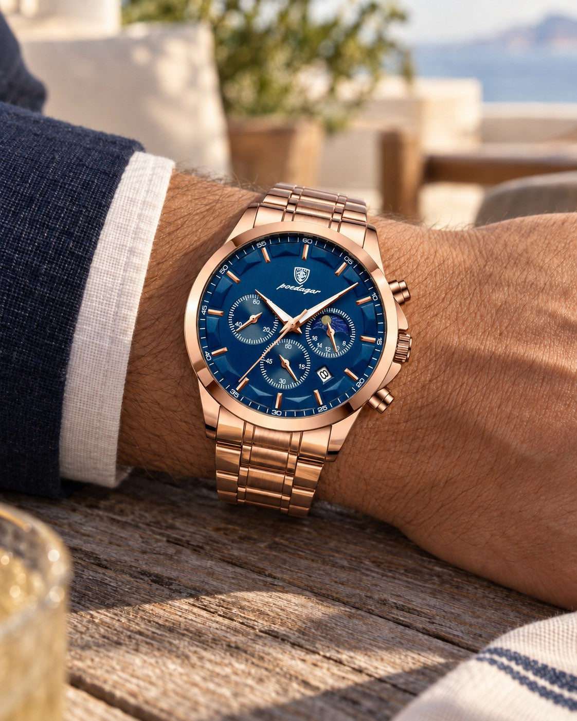Multi-Dial Chronograph Watch in Rose Gold/Blue — on the wrist