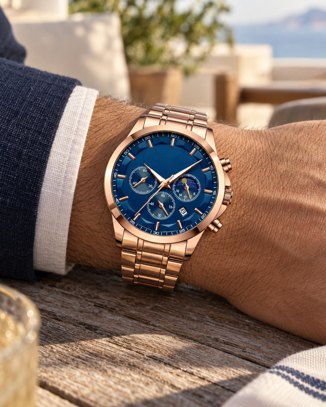 Multi-Dial Chronograph Watch in Rose Gold/Blue — on the wrist