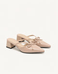 Bow-Strap Block-Heel Mules in Beige — still life